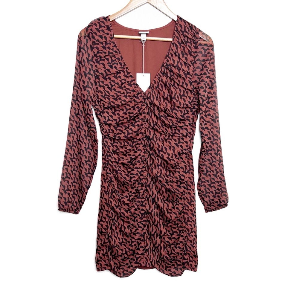 NWT A New Day Women's Ruched V Neck Long Sleeve Geometric Print Mini Dress